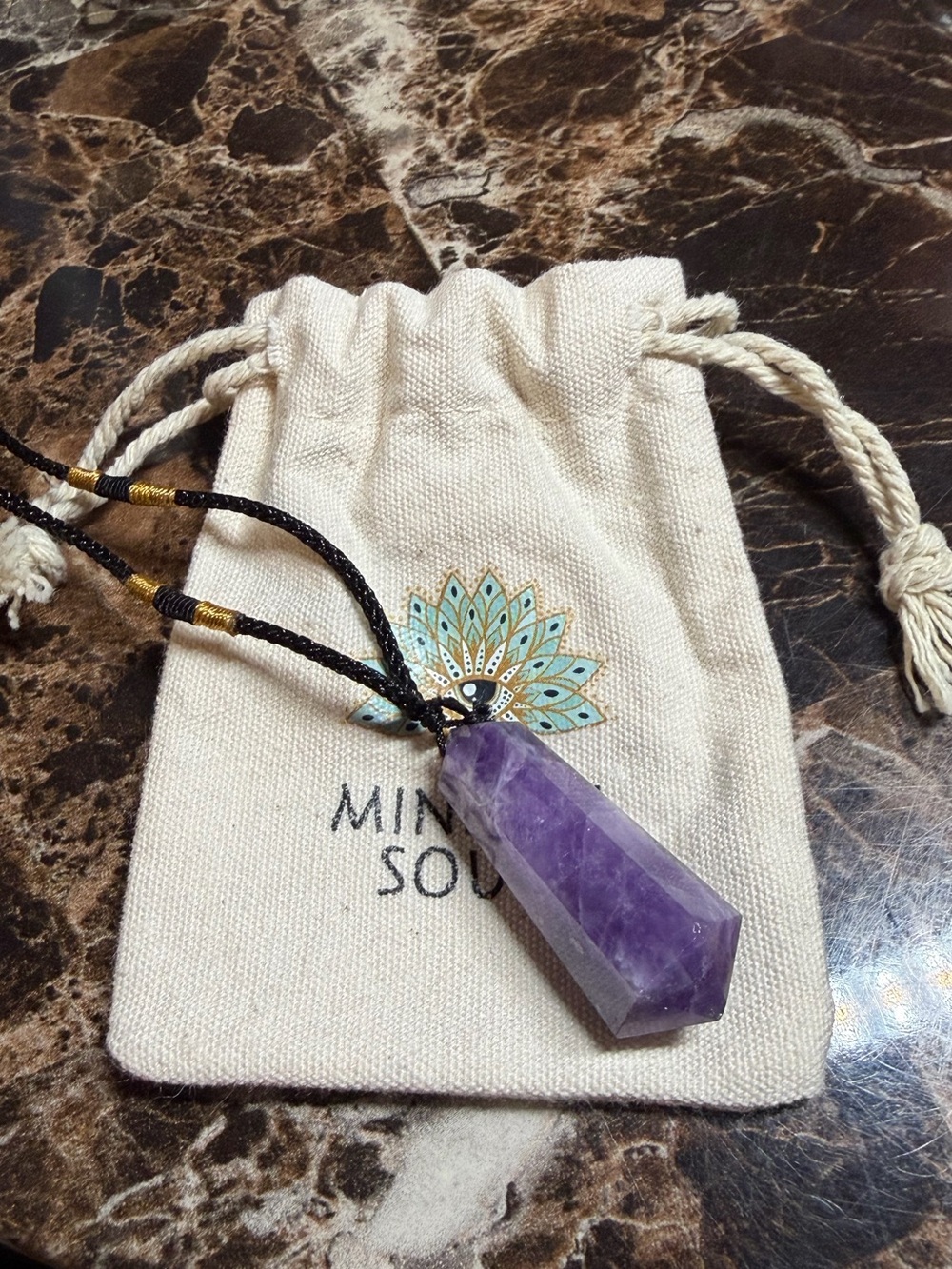 Mindful Souls Amethyst Crystal Point Pendant Necklace with Pouch
